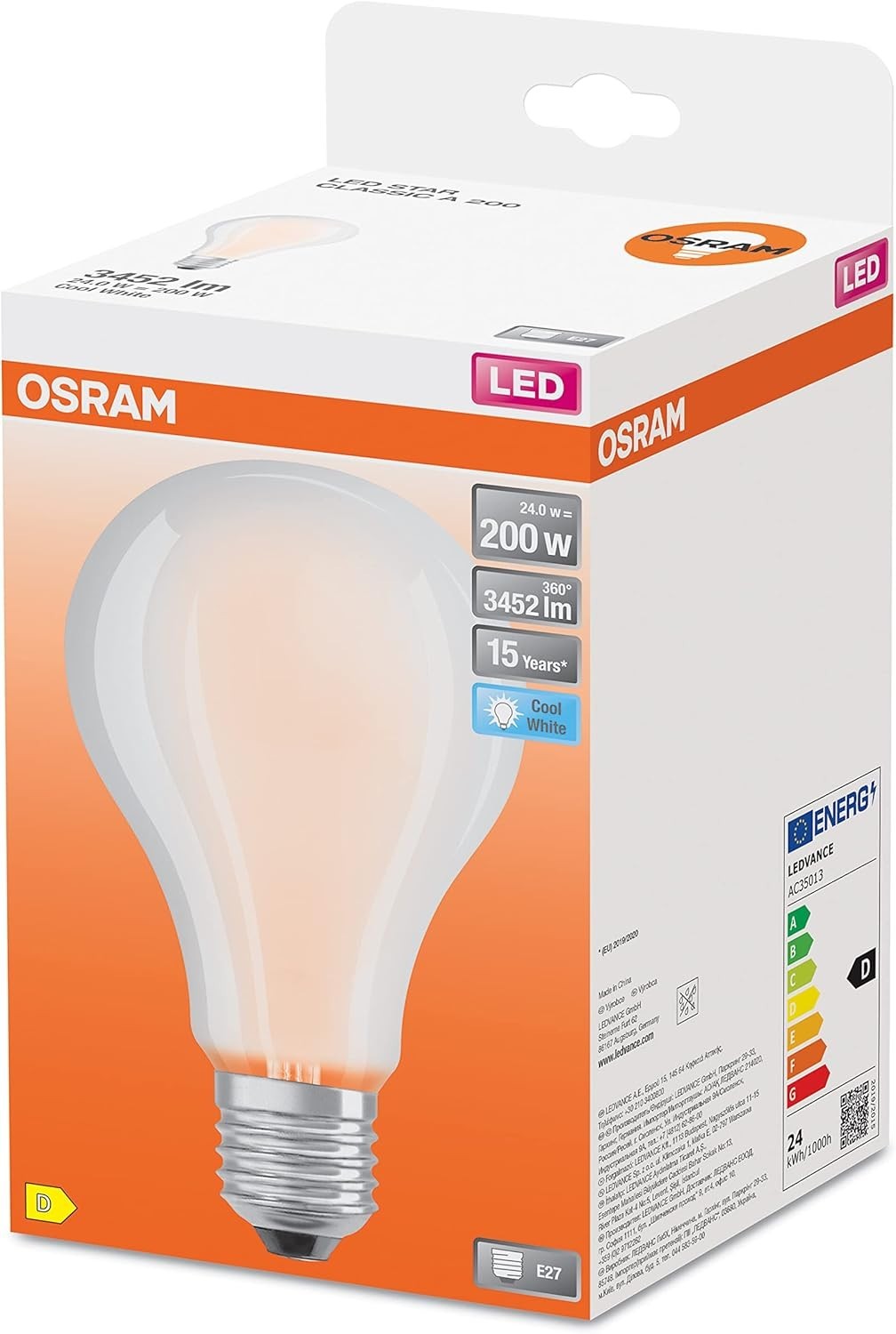 OSRAM Lampada LED, Attacco: E27, Cool White, 4000 K, 24 W, sostituzione per 200W