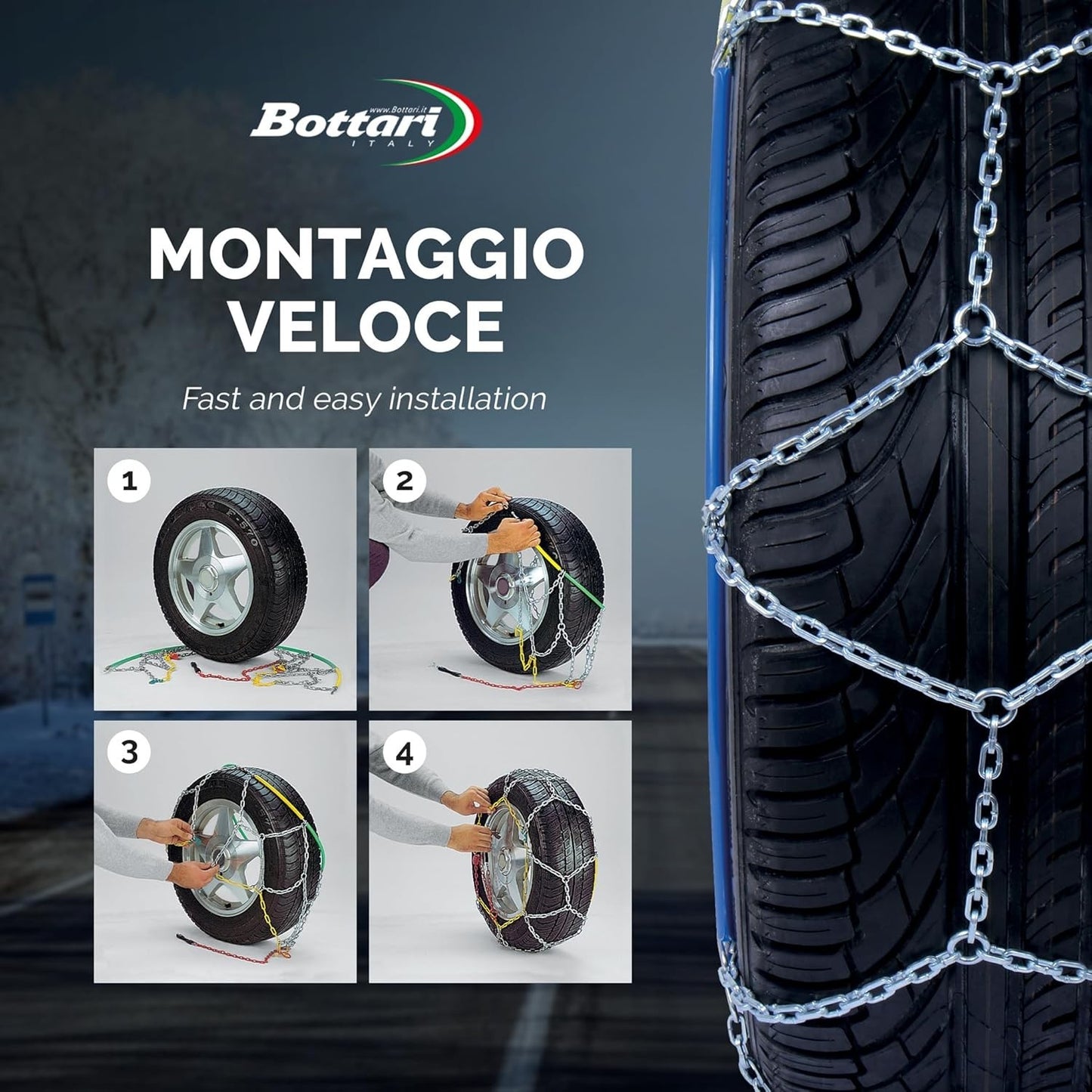 Bottari 18818 "Rapid T2", Catene neve auto 9 mm, Misura 080, Omologate TUV e GS