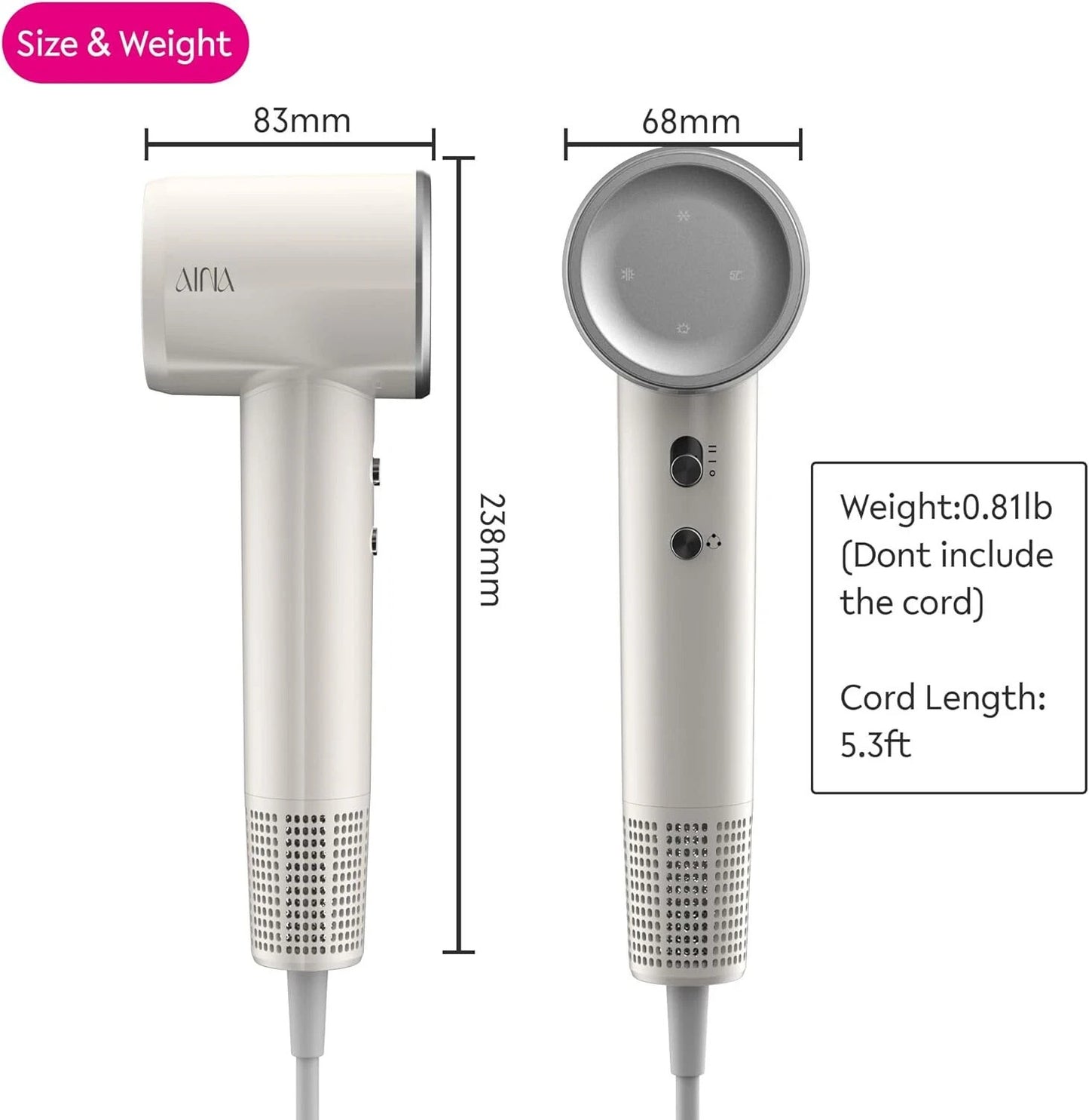 Asciugacapelli AINA, phon con motore brushless, 110.000 giri/min, leggero