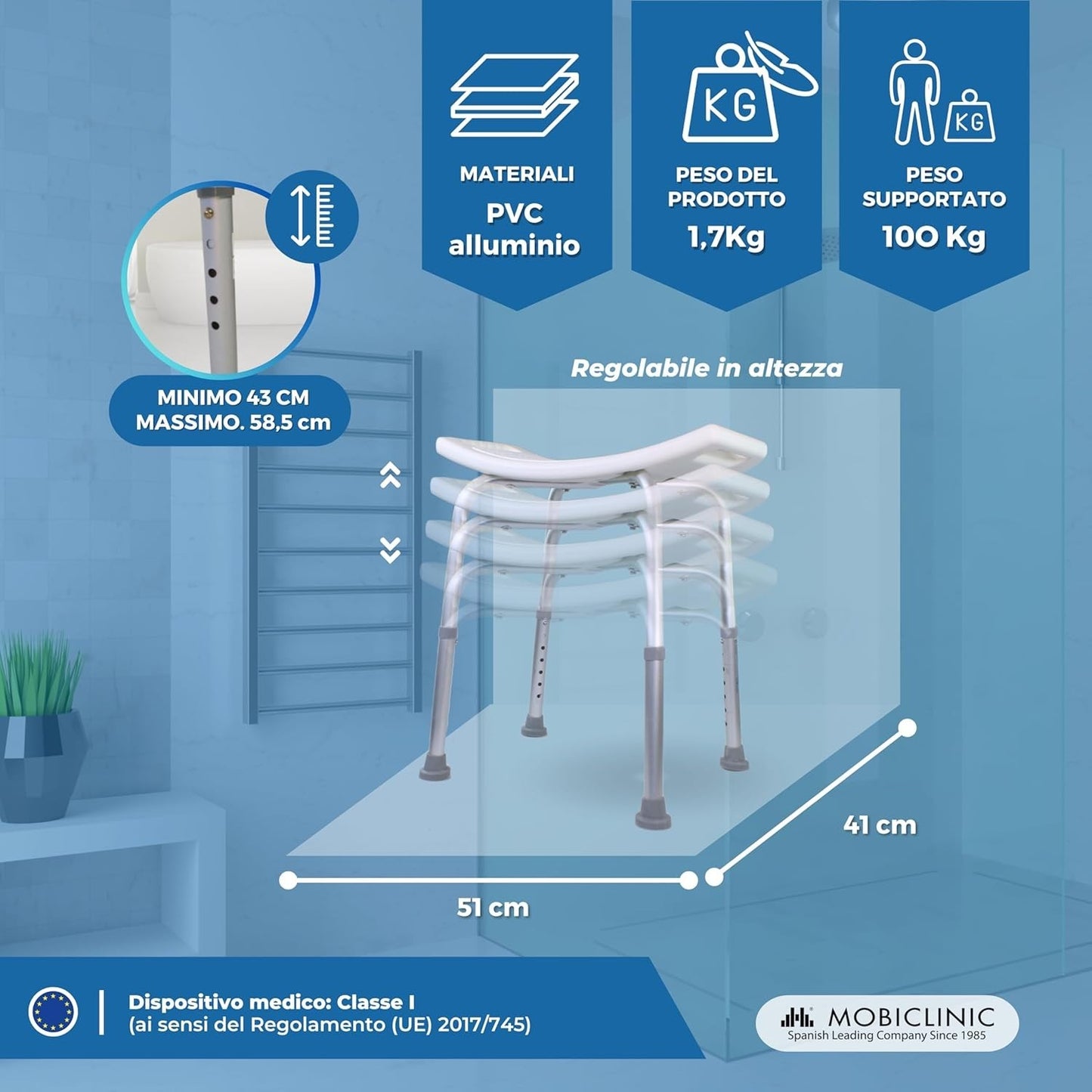 Mobiclinic, Sgabello da Bagno, Piedini Antiscivolo, 7 Altezze Regolabili, 100 kg
