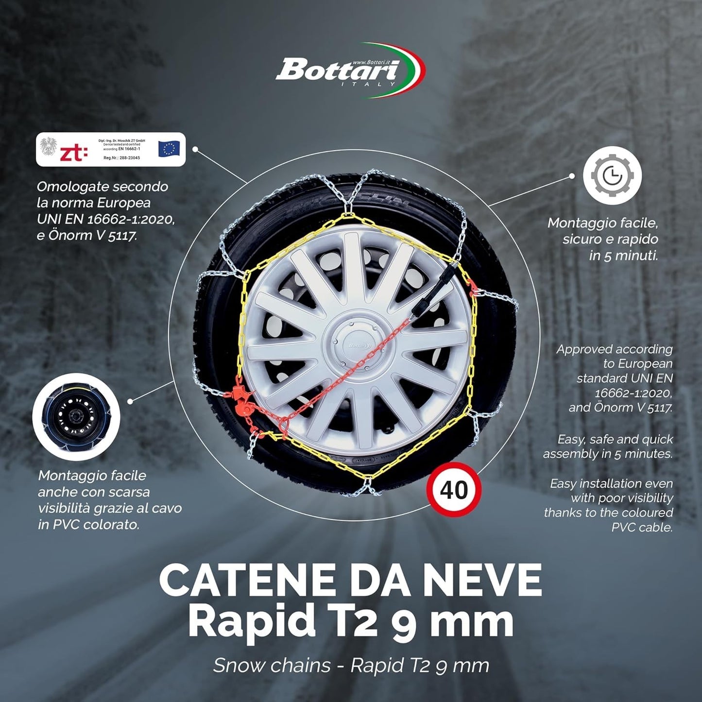 Bottari 18818 "Rapid T2", Catene neve auto 9 mm, Misura 080, Omologate TUV e GS