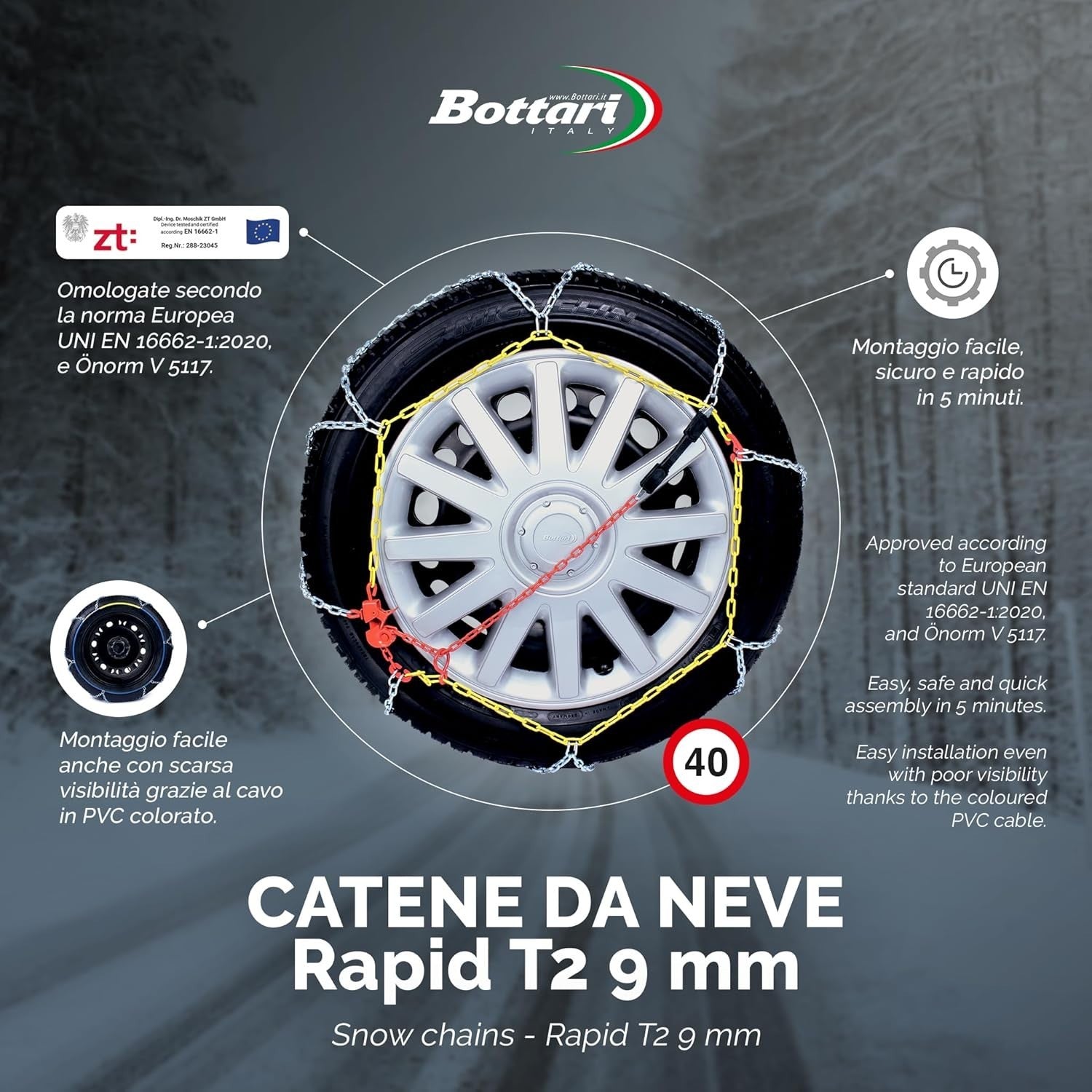 Bottari 18818 "Rapid T2", Catene neve auto 9 mm, Misura 080, Omologate TUV e GS