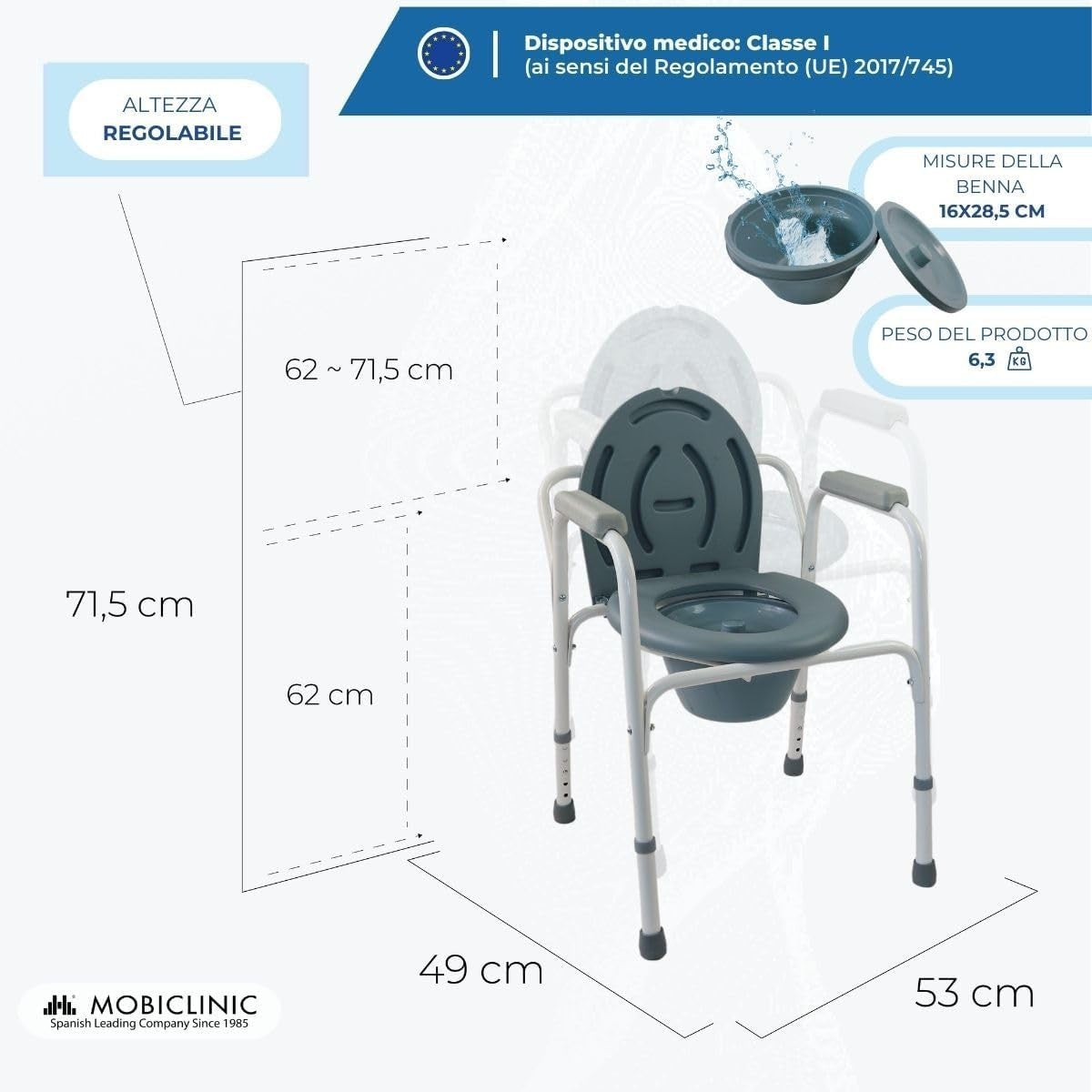 Mobiclinic, Sedia con WC, Arroyo, Coperchio, Secchio Estraibile, Regolabile
