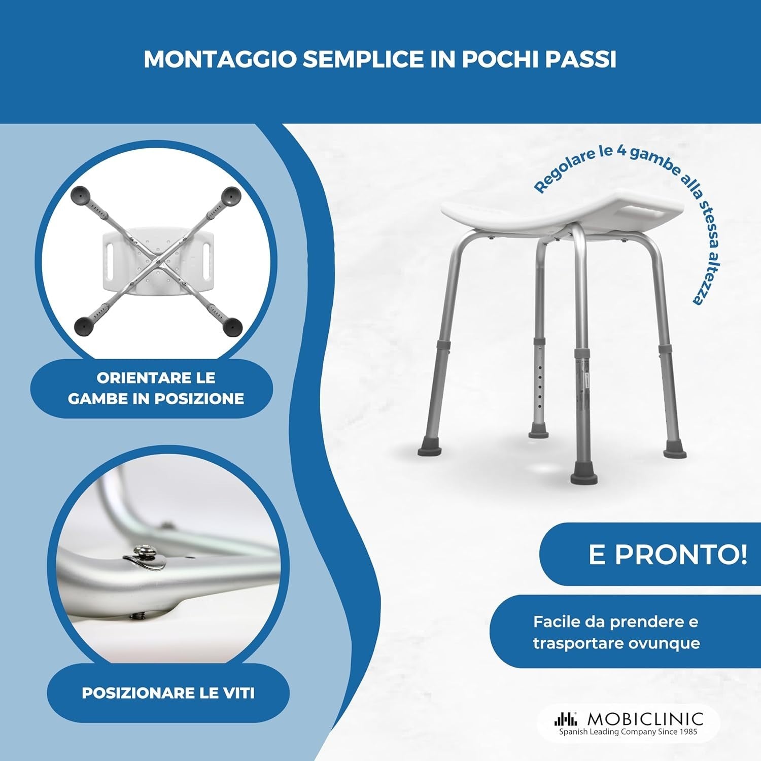 Mobiclinic, Sgabello da Bagno, Piedini Antiscivolo, 7 Altezze Regolabili, 100 kg