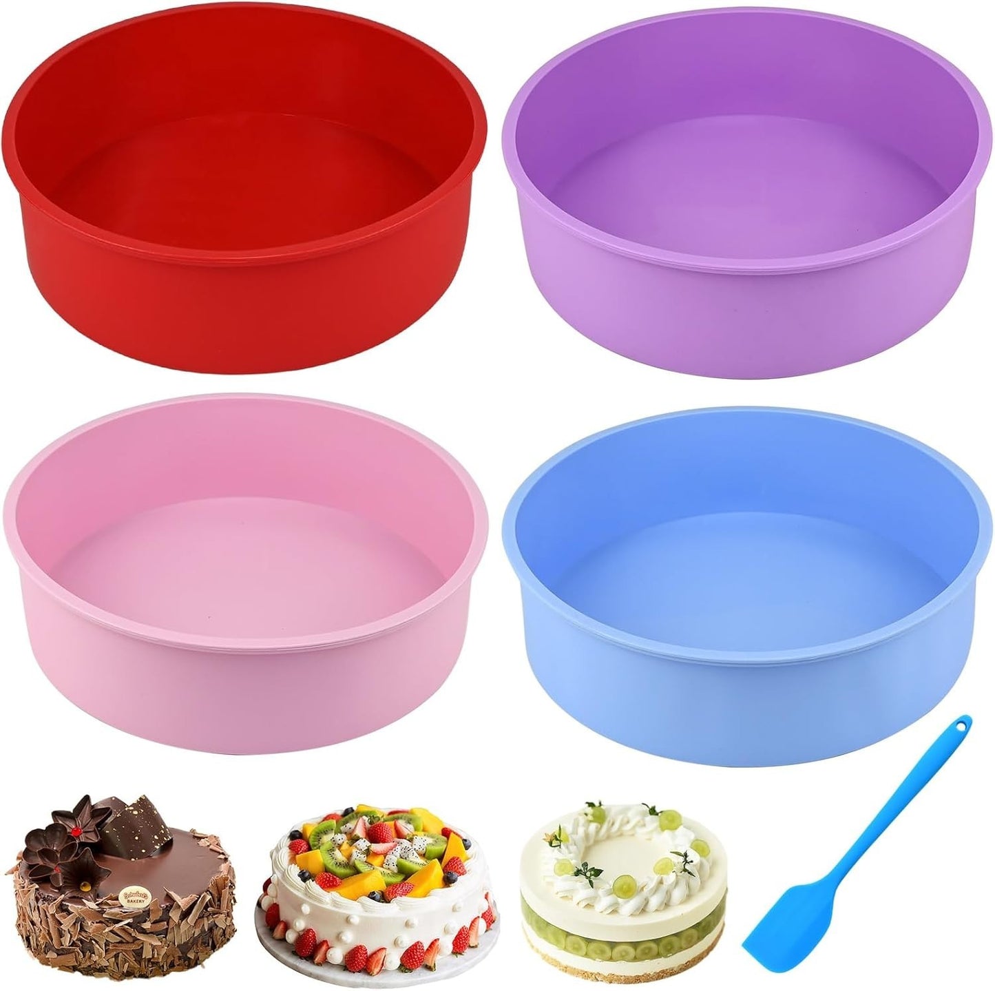 RAINPOP 4 stampi per torte in silicone da 20 cm, rotondi da 20 cm, antiaderenti