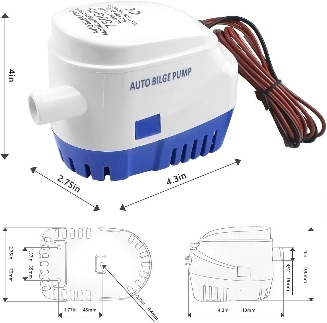 BACOENG Pompe di sentina automatica 12V, 750GPH/ 47LPM con Interruttore a Galleg