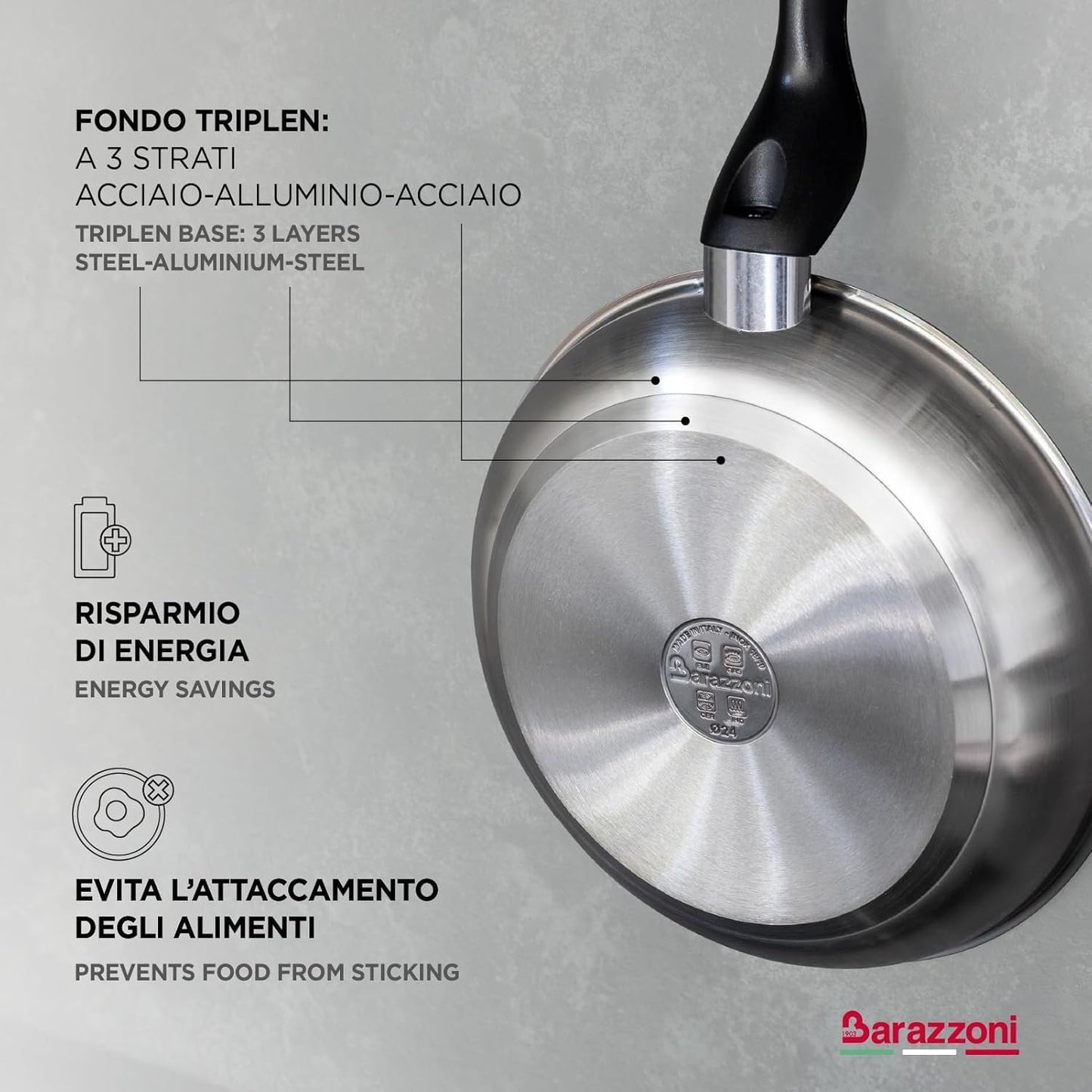 Barazzoni Le Inoxidabili Padella, ø24 cm, Made in Italy, Acciaio Inox 18/10