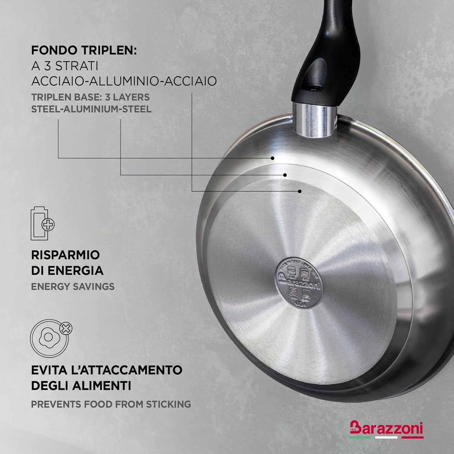 Barazzoni Le Inoxidabili Padella, ø24 cm, Made in Italy, Acciaio Inox 18/10