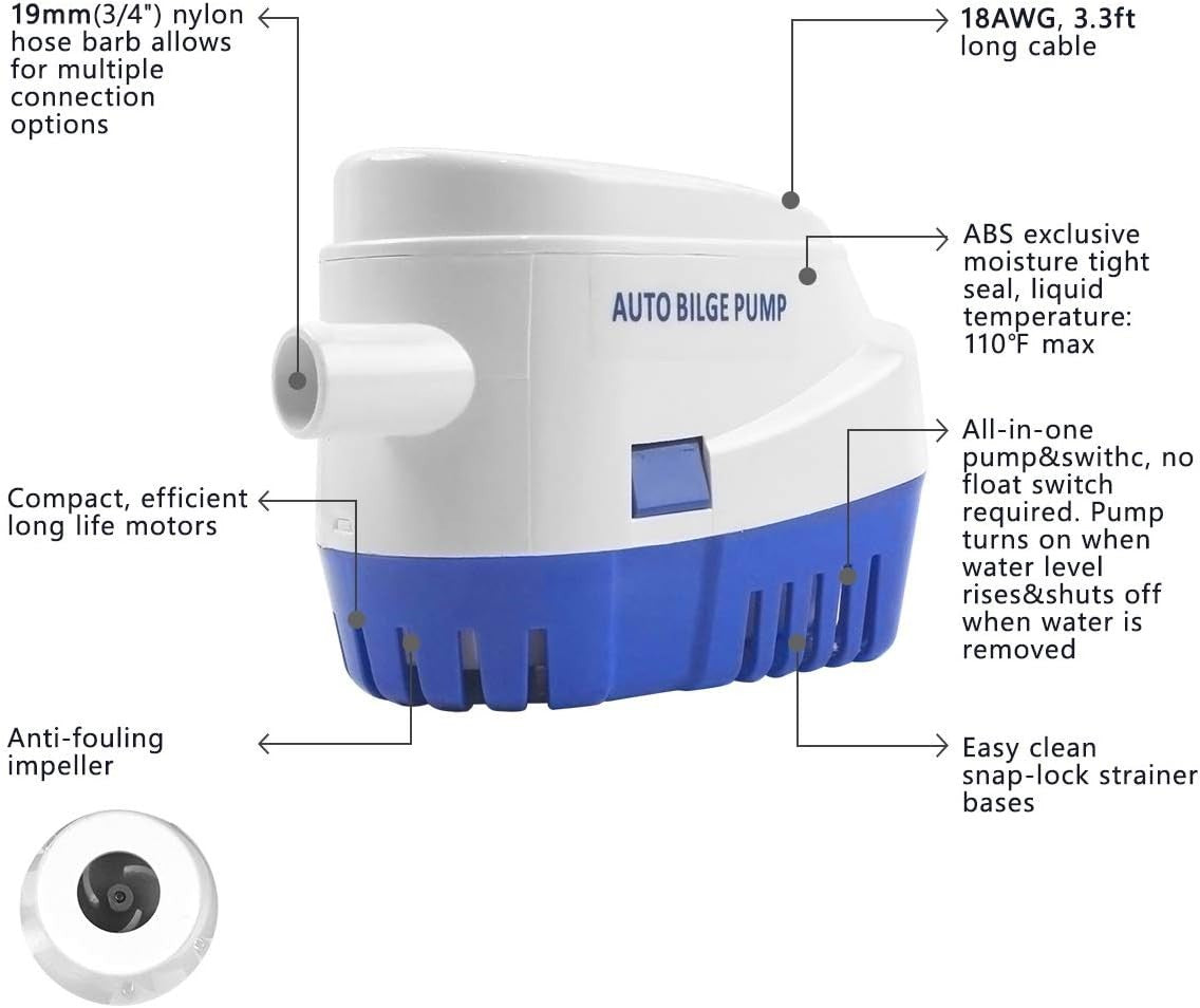 BACOENG Pompe di sentina automatica 12V, 750GPH/ 47LPM con Interruttore a Galleg