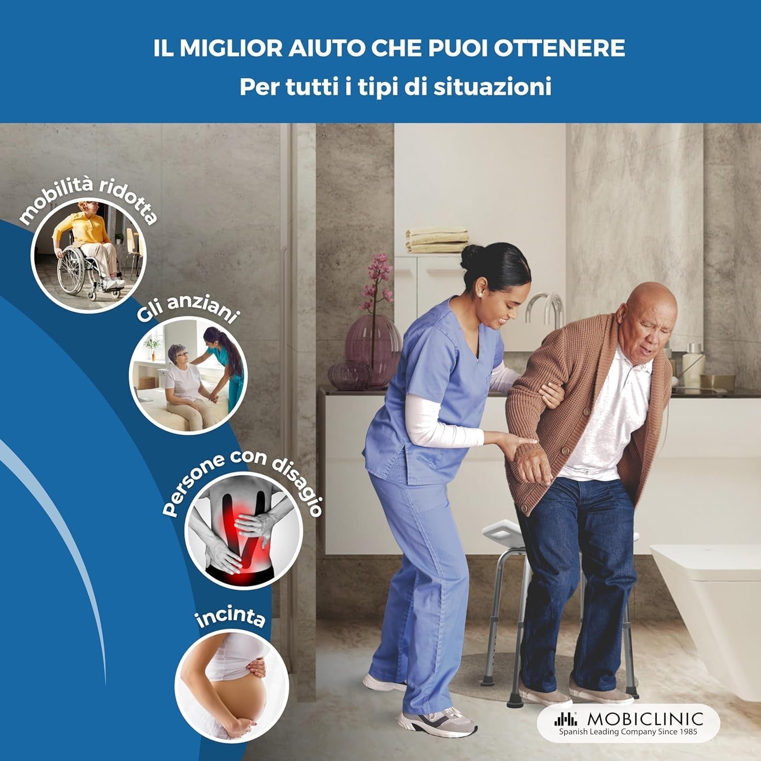 Mobiclinic, Sgabello da Bagno, Piedini Antiscivolo, 7 Altezze Regolabili, 100 kg