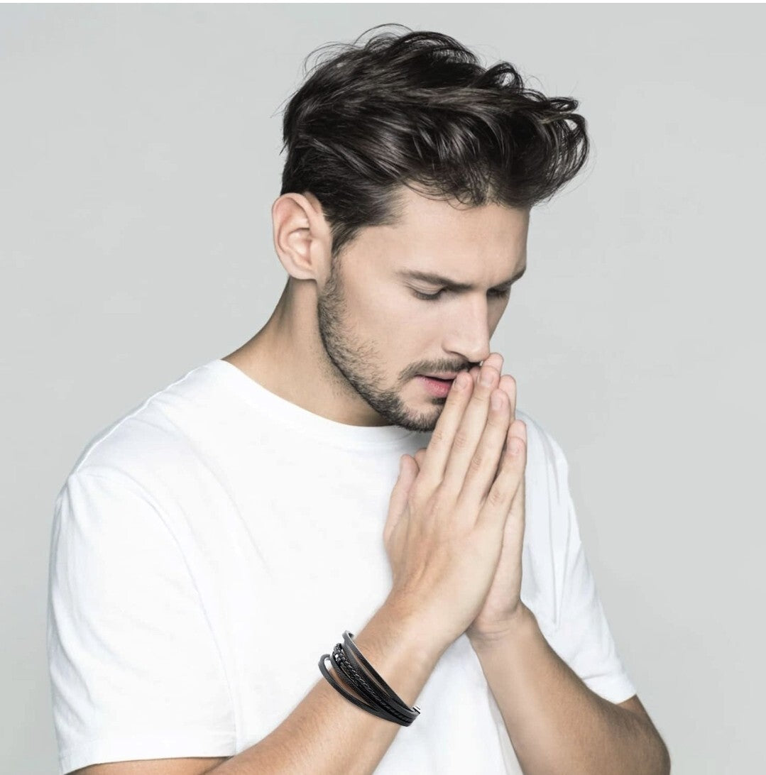COOLMAN Braccialetto da uomo in vera pelle, nero, regolabile con maglia extra