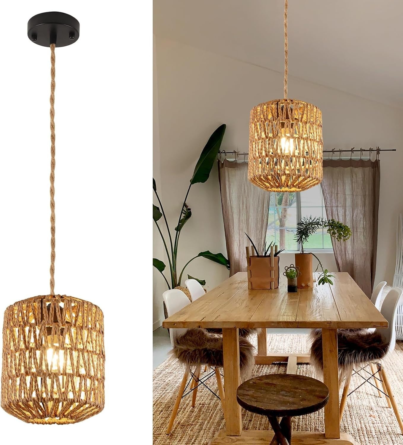 Lampadario Rattan, Lampada a Sospensione Boho con Paralume E27 Lampadari vintage