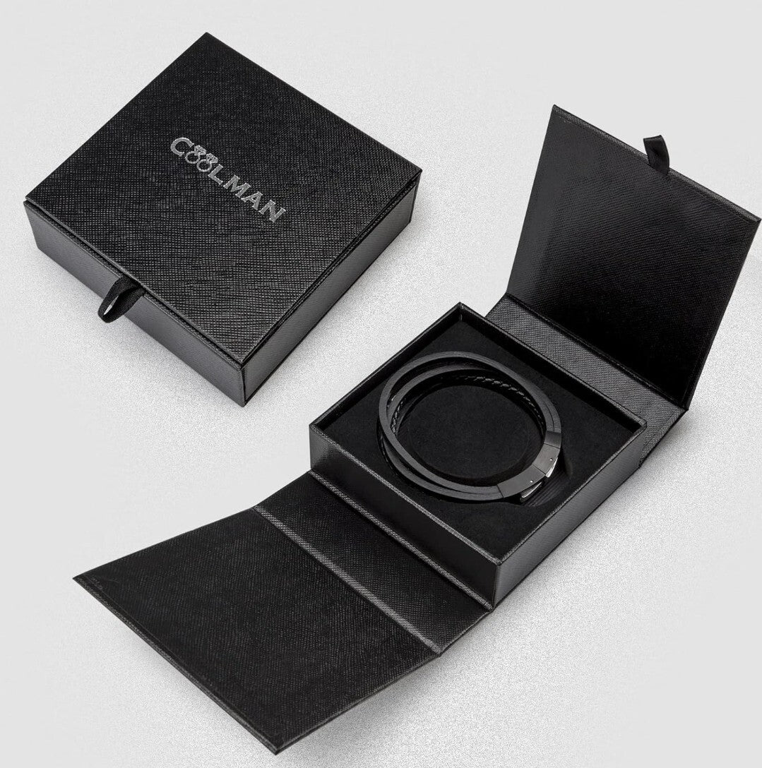 COOLMAN Braccialetto da uomo in vera pelle, nero, regolabile con maglia extra