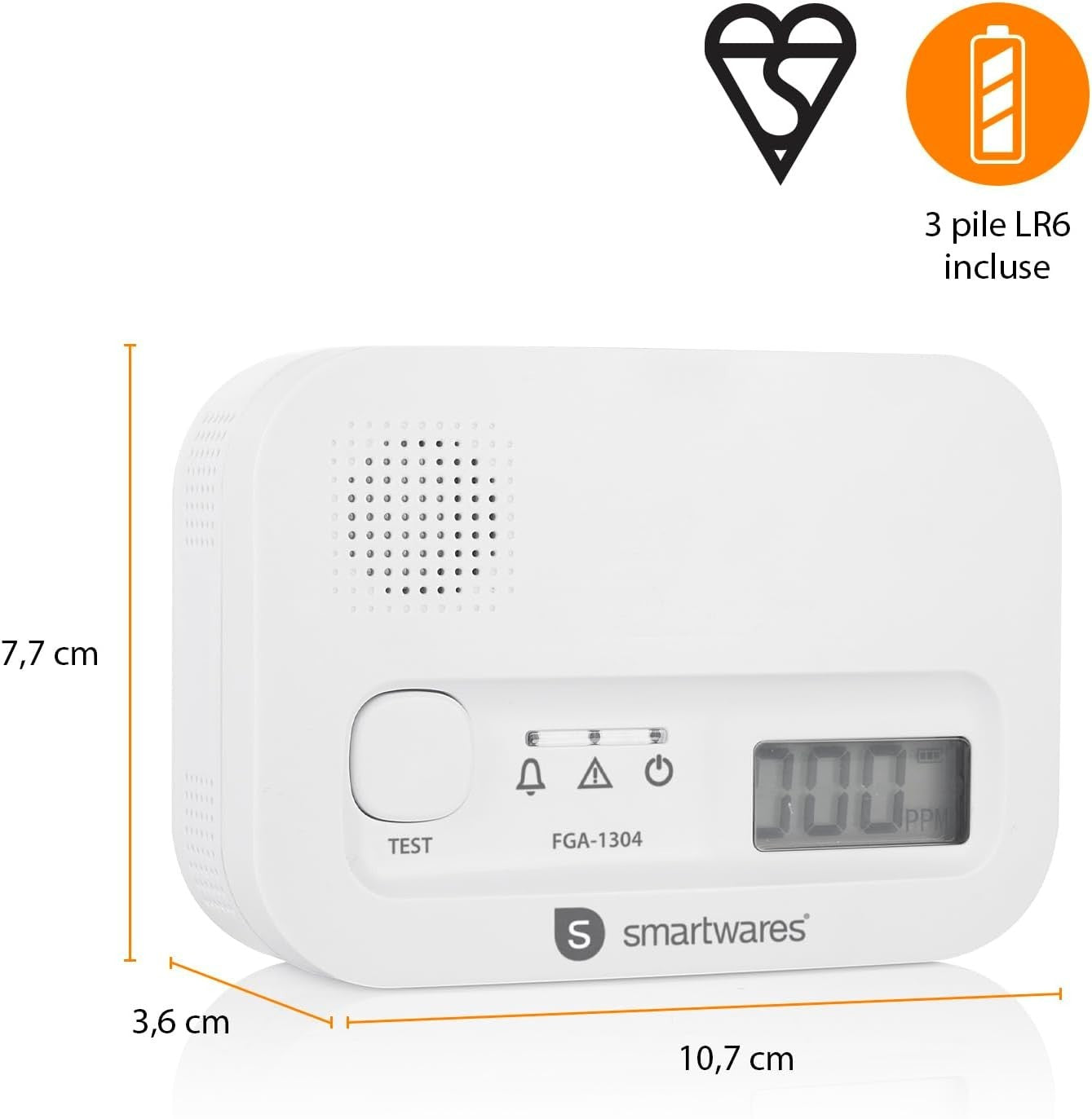 Smartwares Rilevatore di Monossido di Carbonio - Sensore di 10 anni - FGA-13041