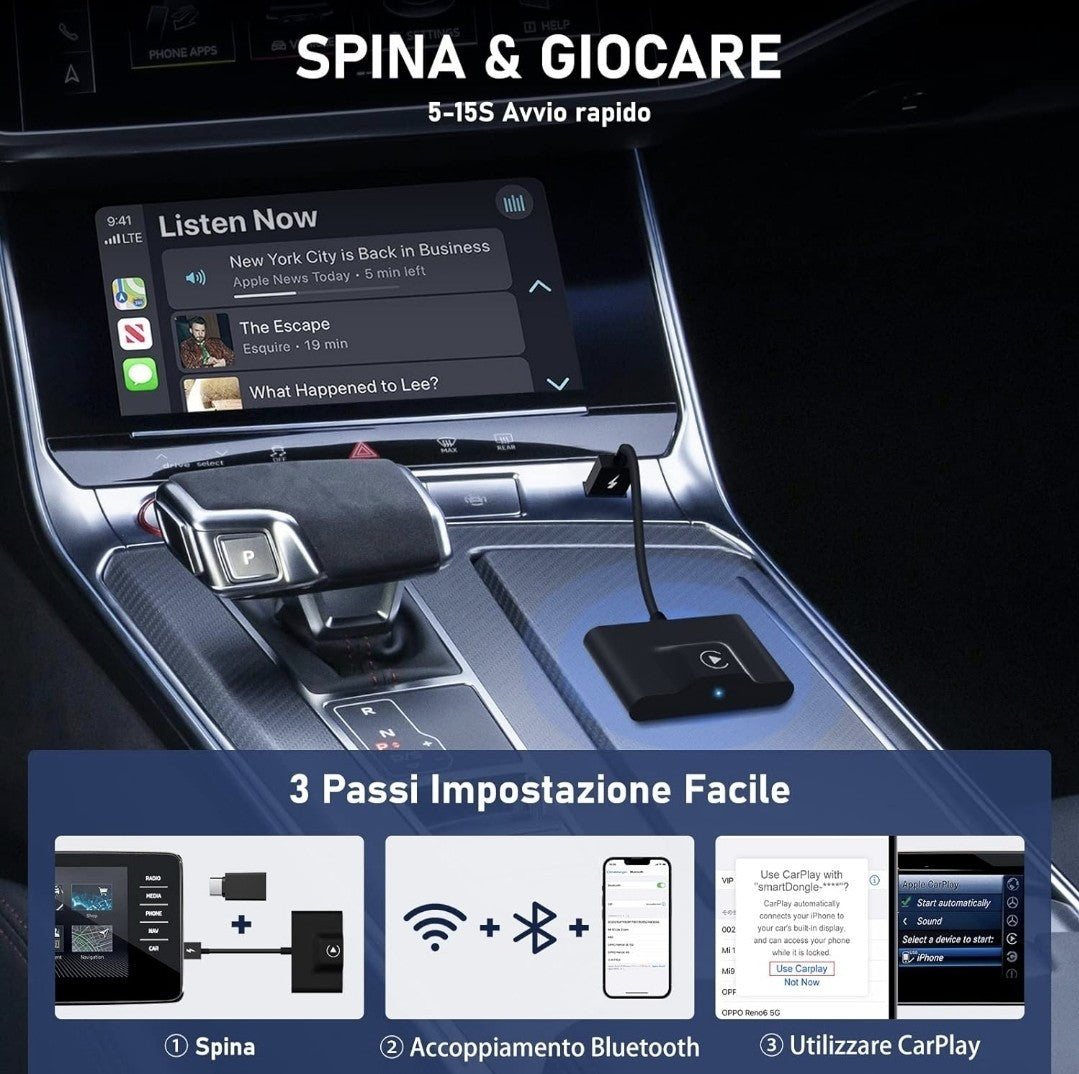 Adattatore CarPlay Wireless Plug & Play, Converte Cablato In Wireless 