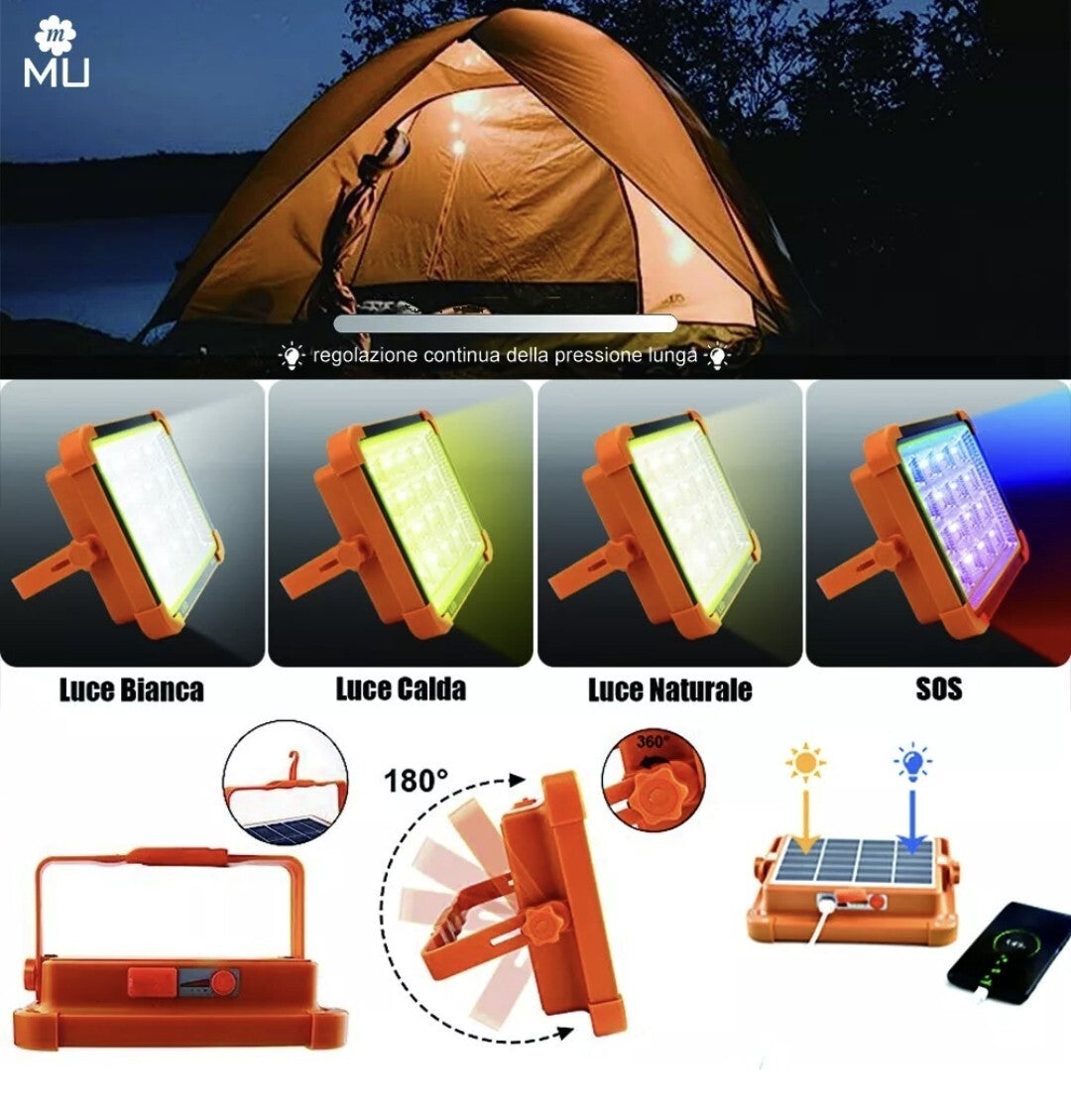 Faretto LED Portatile Ricarica Solare e USB 35W 3500LM 5 Modalità, Impermeabile