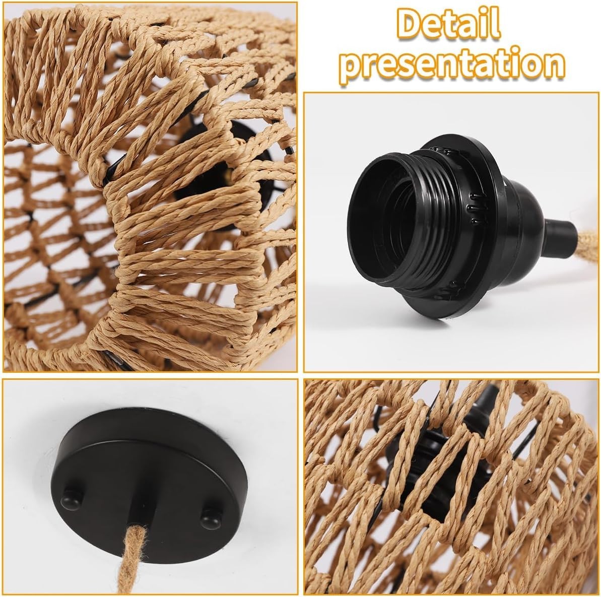 Lampadario Rattan, Lampada a Sospensione Boho con Paralume E27 Lampadari vintage