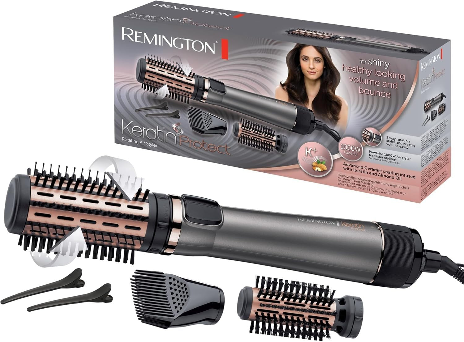 Remington Spazzola rotante per capelli, Asciugacapelli, 1000 W, Setole Morbide