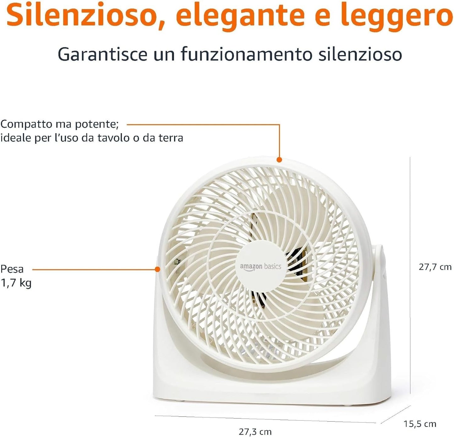 Amazon Basics Ventilatore da tavolo portatile 18 cm silenzioso, inclinabile