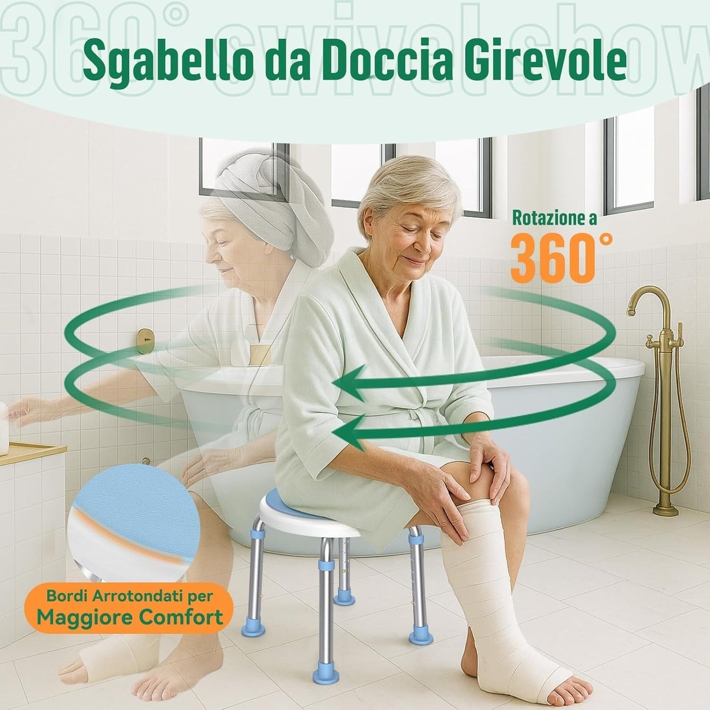 Sedia da Doccia Girevole 360° Regolabile in Altezza Sgabello da Bagno Antiscivol