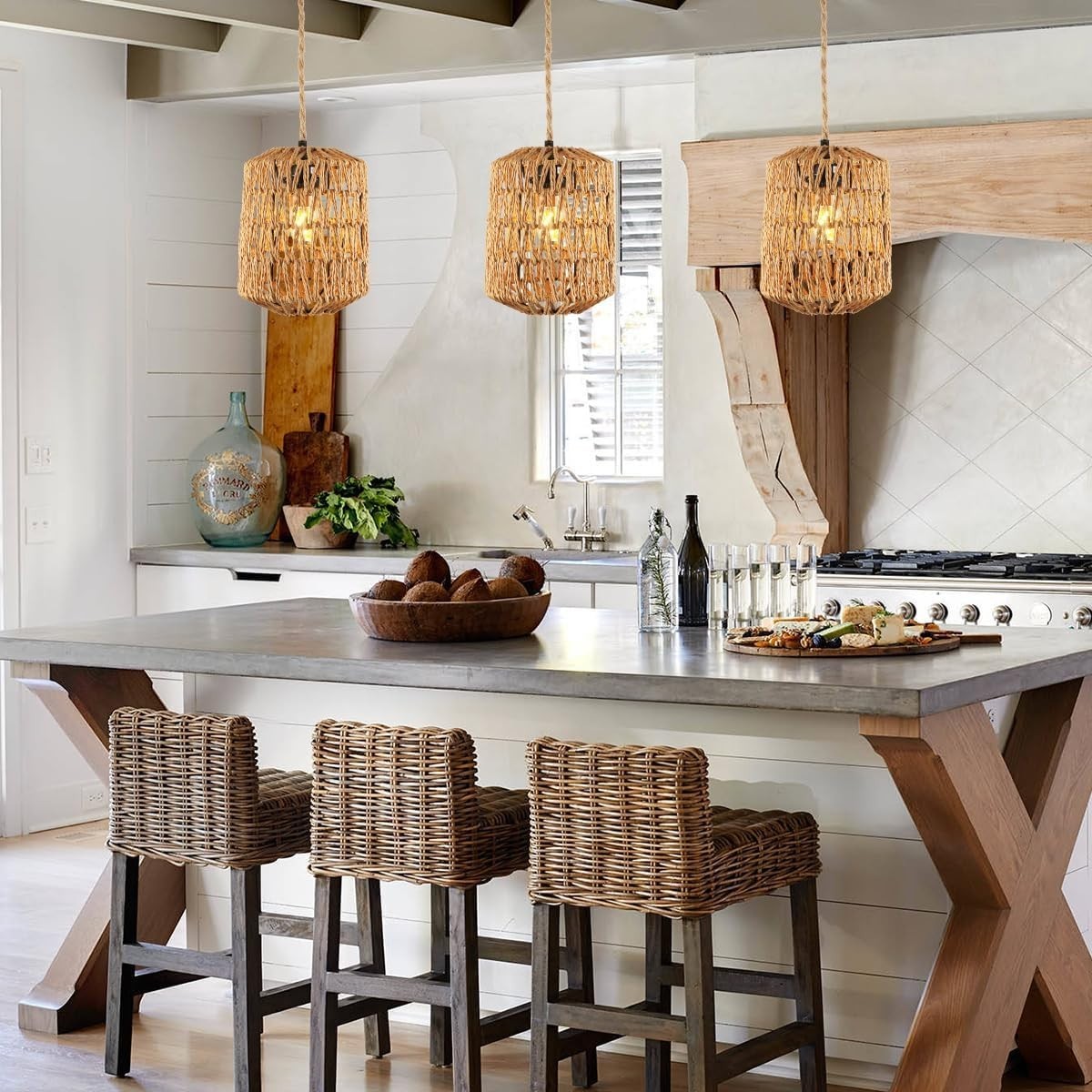Lampadario Rattan, Lampada a Sospensione Boho con Paralume E27 Lampadari vintage