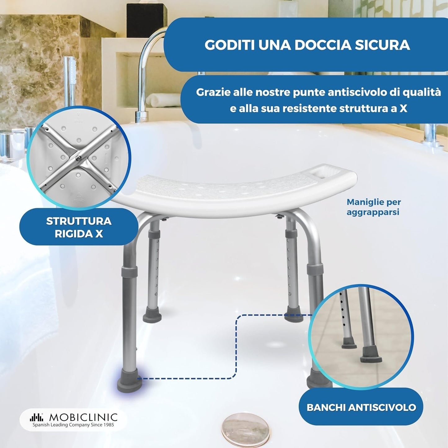 Mobiclinic, Sgabello da Bagno, Piedini Antiscivolo, 7 Altezze Regolabili, 100 kg