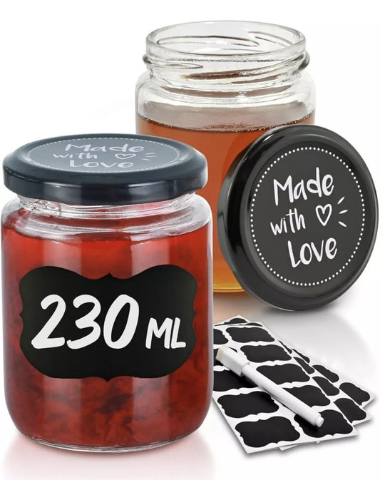 Praknu 25 Vasetti di Vetro per Conserve da 230ml - Con Etichette e Pennarello