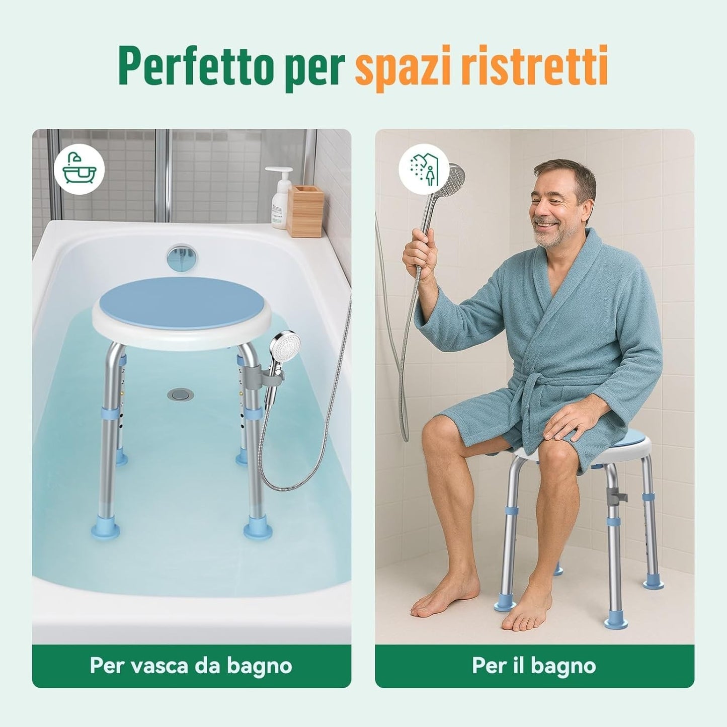 Sedia da Doccia Girevole 360° Regolabile in Altezza Sgabello da Bagno Antiscivol