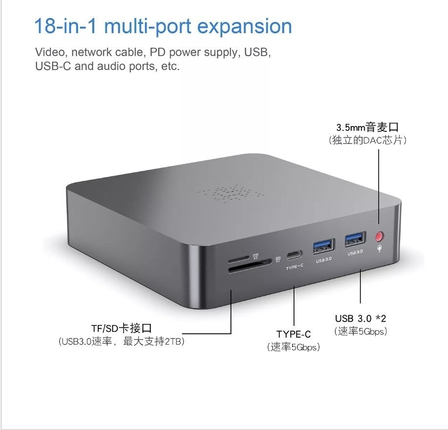 Docking Station in alluminio 18in1 tipo C Doppio, adattatore HDMI/VGA, 4 Porte 