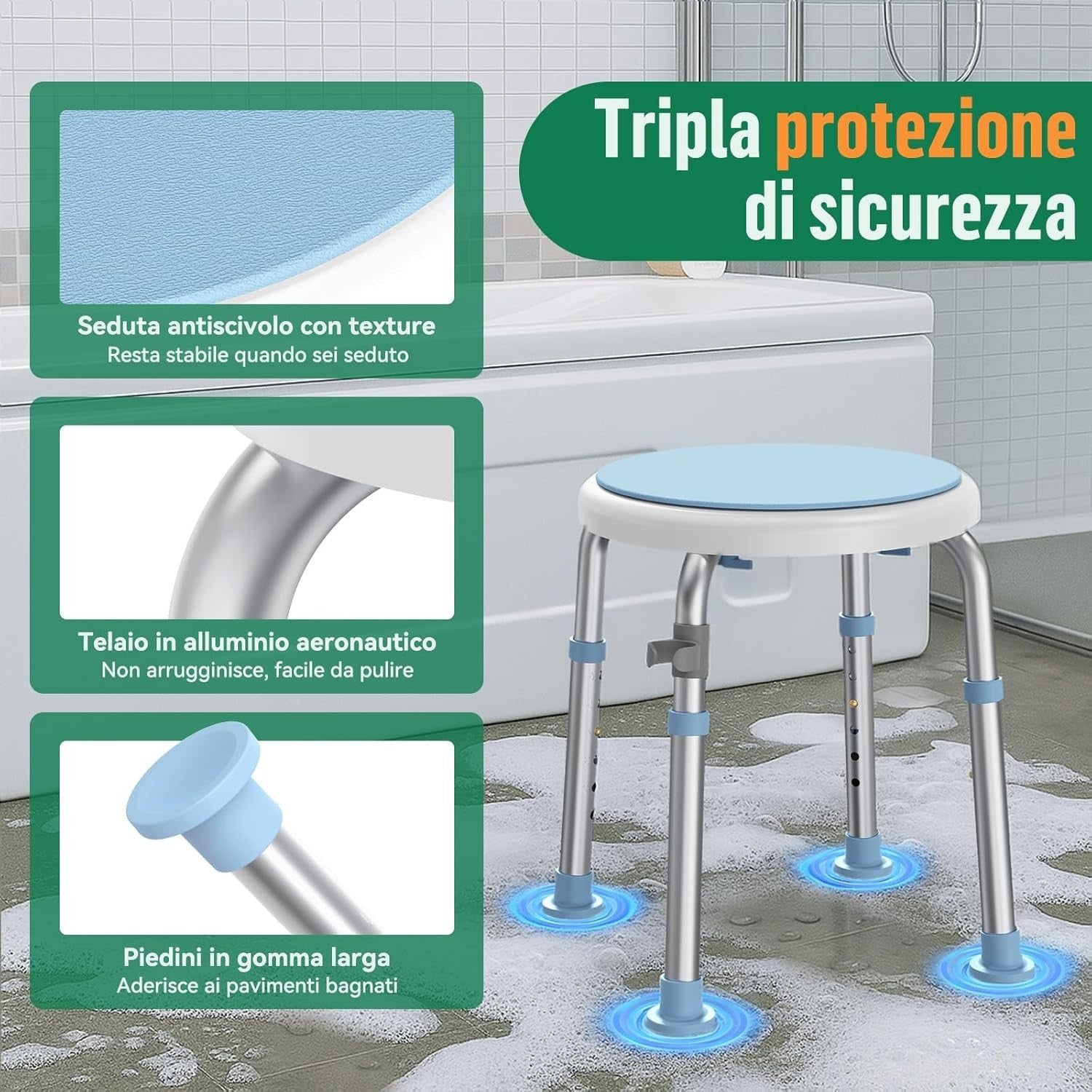Sedia da Doccia Girevole 360° Regolabile in Altezza Sgabello da Bagno Antiscivol