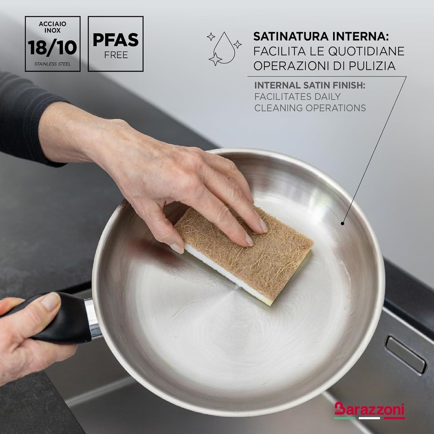 Barazzoni Le Inoxidabili Padella, ø24 cm, Made in Italy, Acciaio Inox 18/10