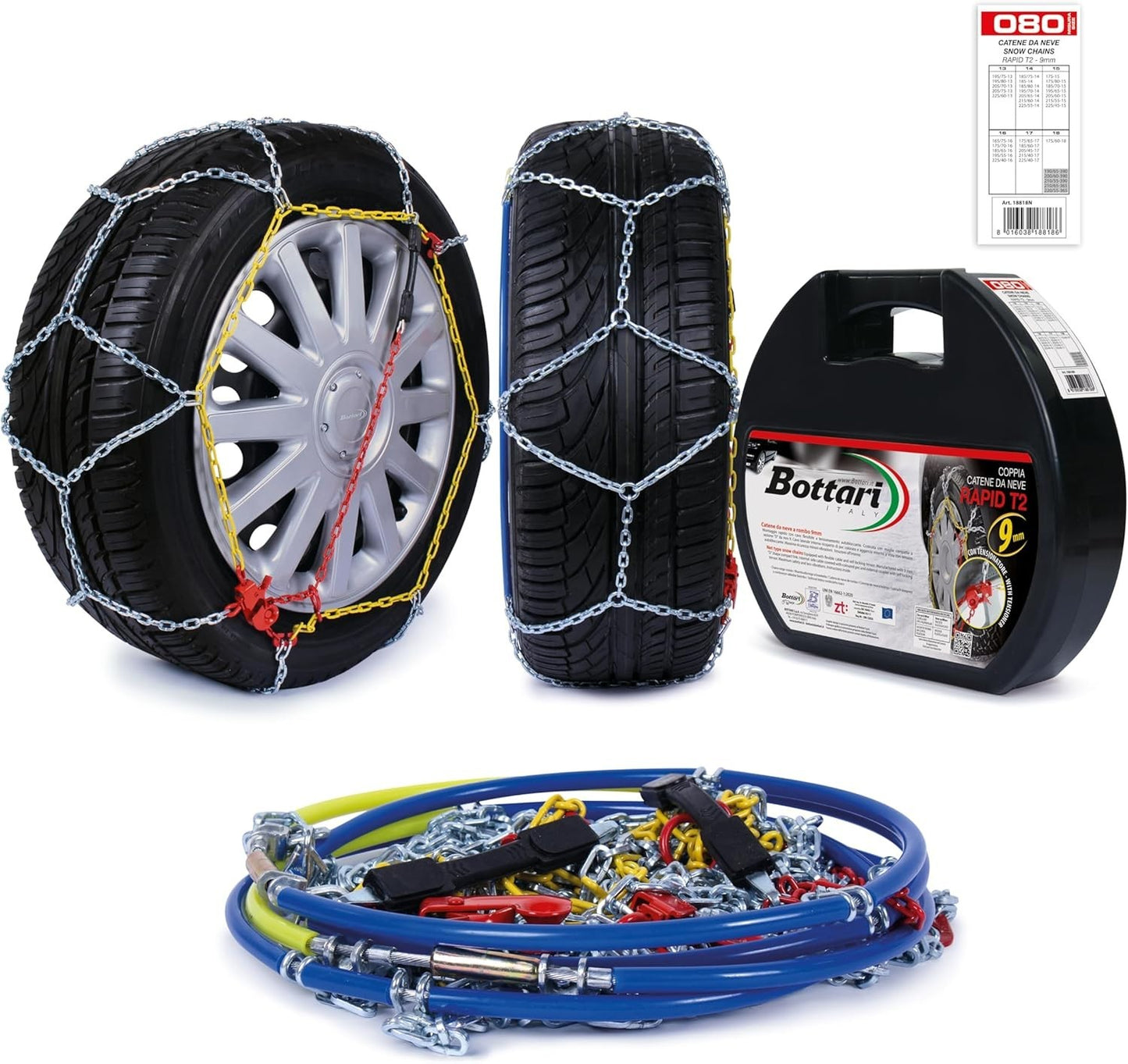 Bottari 18818 "Rapid T2", Catene neve auto 9 mm, Misura 080, Omologate TUV e GS