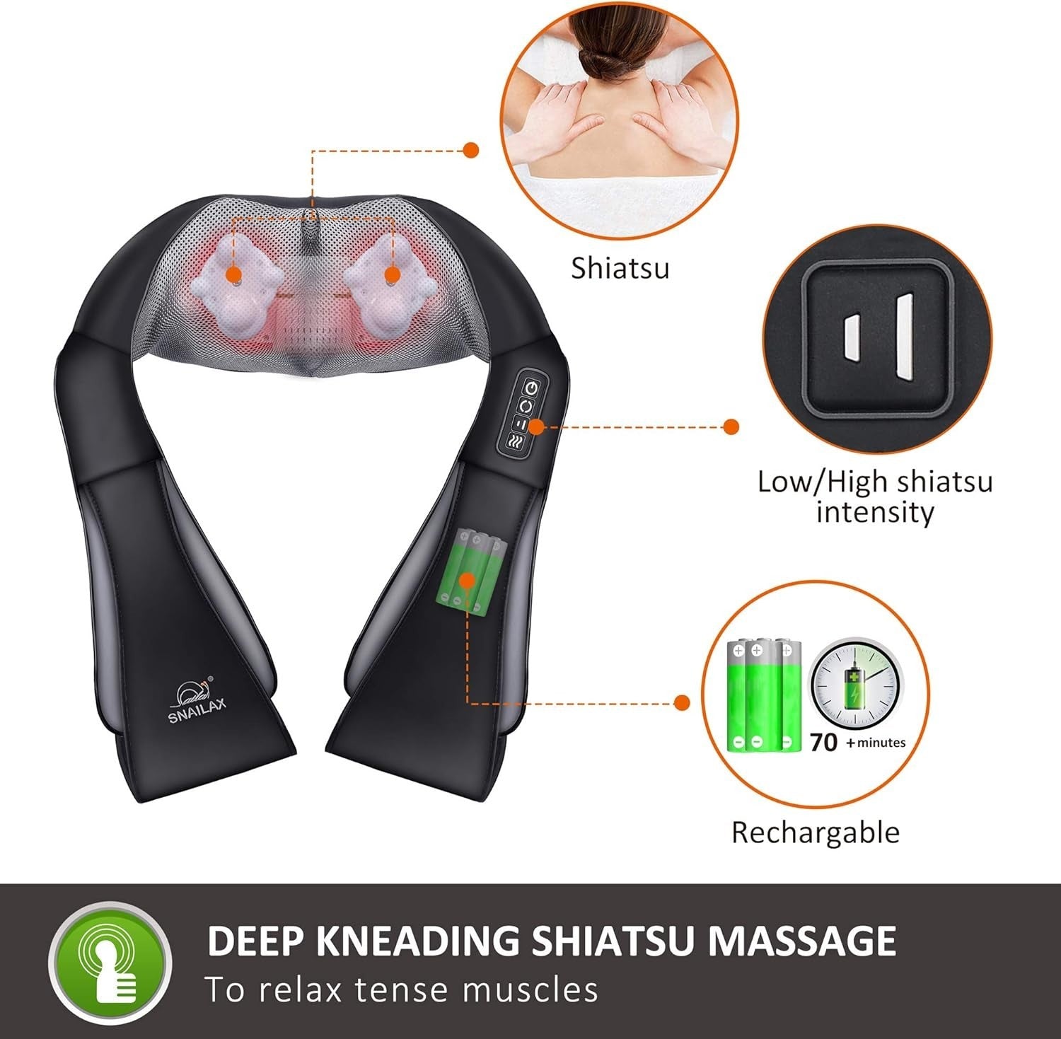 Snailax Massaggiatore per Collo, Spalle e Schiena Ricaricabile Shiatsu Cervicale