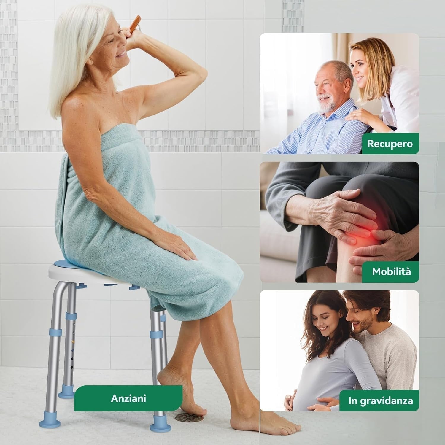 Sedia da Doccia Girevole 360° Regolabile in Altezza Sgabello da Bagno Antiscivol