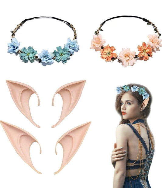 2 Paia Orecchie da Elfo E 2 Pezzi Coroncine Fiori per Capelli, Orecchie da Elfo 