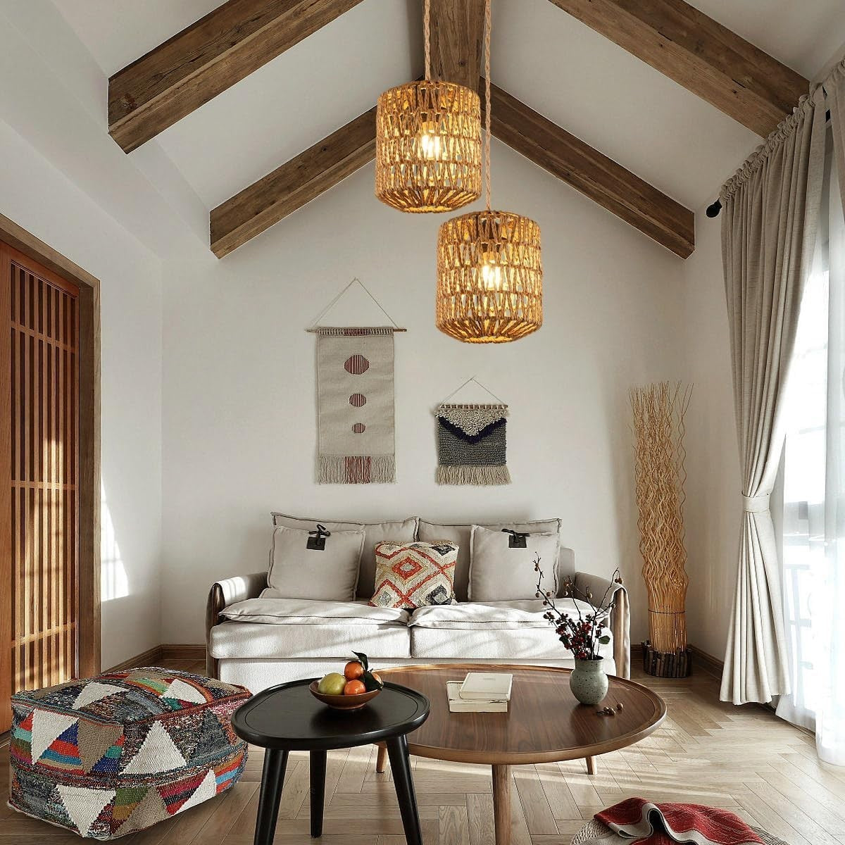 Lampadario Rattan, Lampada a Sospensione Boho con Paralume E27 Lampadari vintage