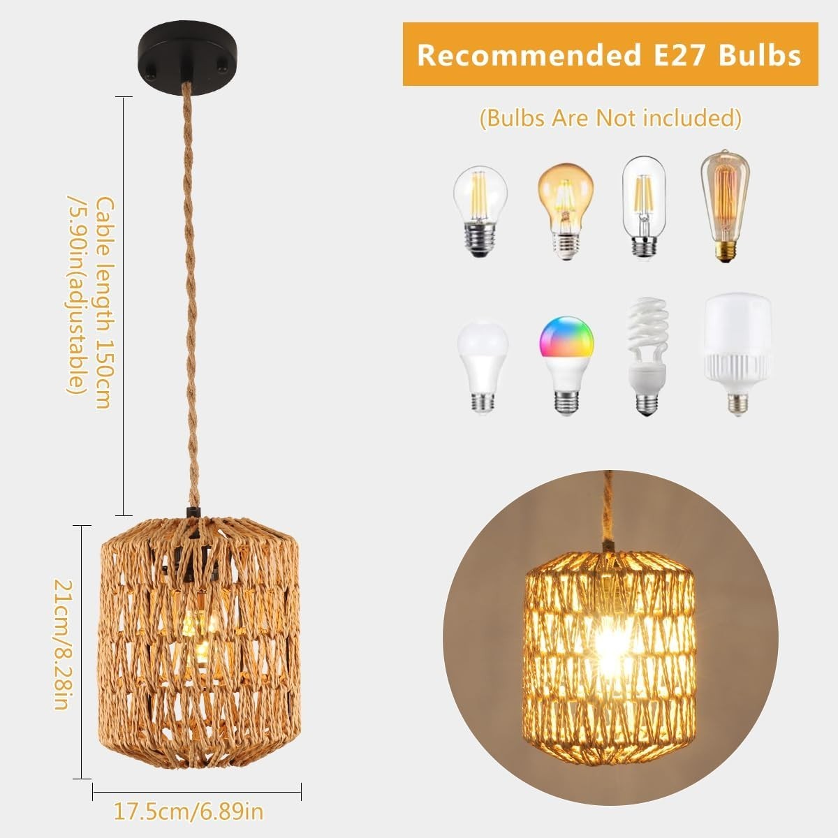 Lampadario Rattan, Lampada a Sospensione Boho con Paralume E27 Lampadari vintage