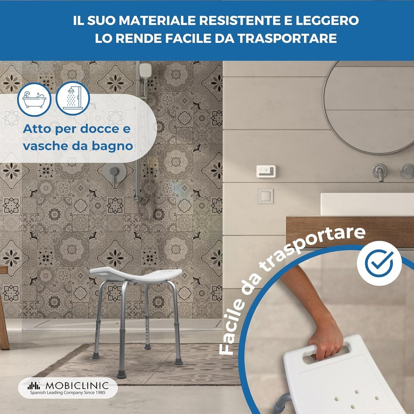 Mobiclinic, Sgabello da Bagno, Piedini Antiscivolo, 7 Altezze Regolabili, 100 kg