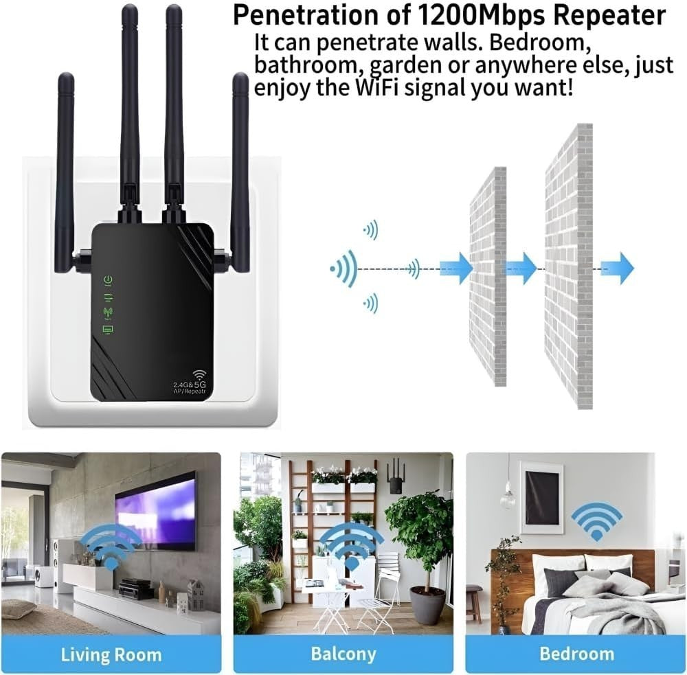 ANDHOT Ripetitore WiFi Amplificatore 1200Mbps 5GHz e 2.4GHz, Modalità Ripetitore