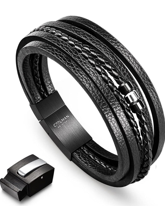 COOLMAN Braccialetto da uomo in vera pelle, nero, regolabile con maglia extra