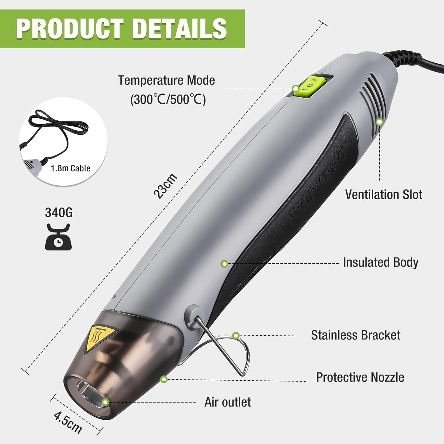 WORKPRO Pistola ad Aria Calda da 400 W, Pistola Termica Professionale 300/500 ℃
