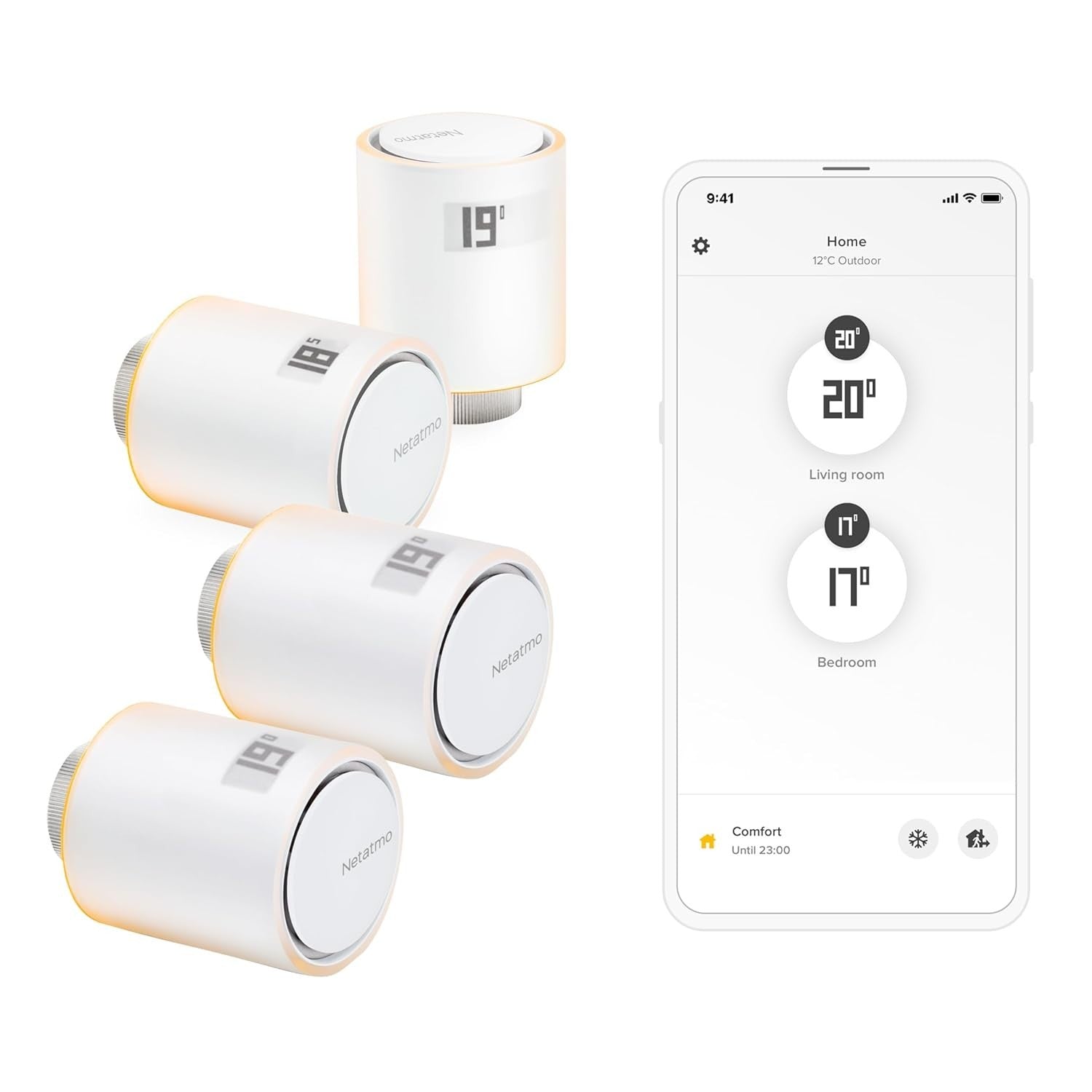 Netatmo Pack 4 Valvole Termostatiche WiFi, Controllo Remoto Risparmio Energetico
