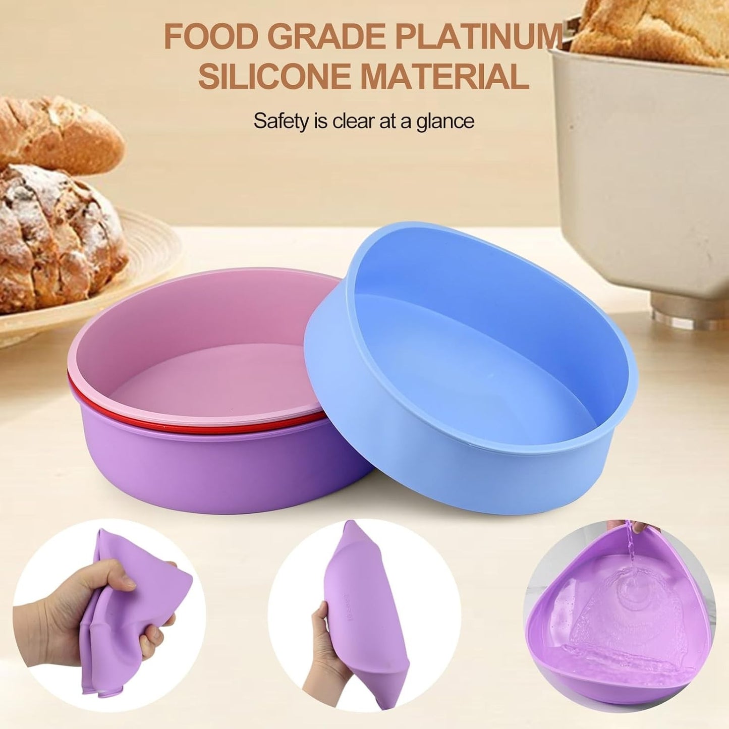 RAINPOP 4 stampi per torte in silicone da 20 cm, rotondi da 20 cm, antiaderenti