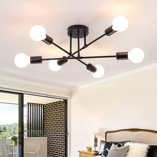 Plafoniera vintage a 6 luci, colore nero, stile retrò, orientabile, E27