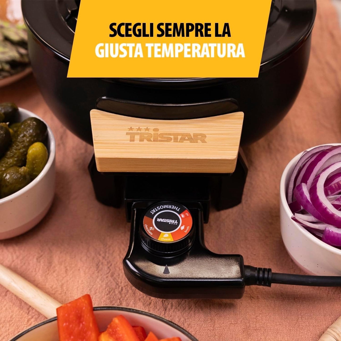 Tristar macchina per Fonduta, bourguignonne, 1000 W, 1,5 L Nero e bamboo