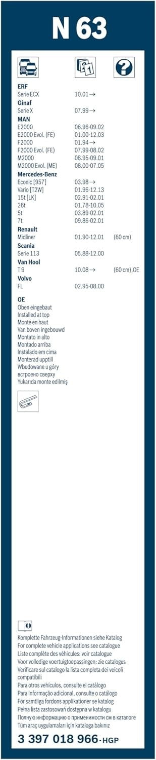 Bosch 3397018966 SPAZZOLA TWIN N63, 600mm, Iveco Daily, Renault Master, mercedes