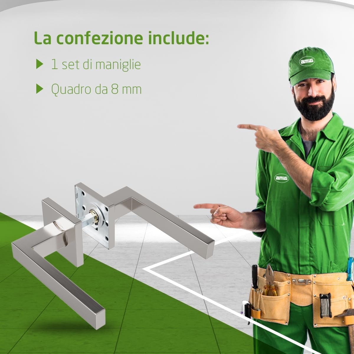 Amig - Set di Maniglie per Porte | Acciaio Inossidabile Opaco | Rosetta quadrata