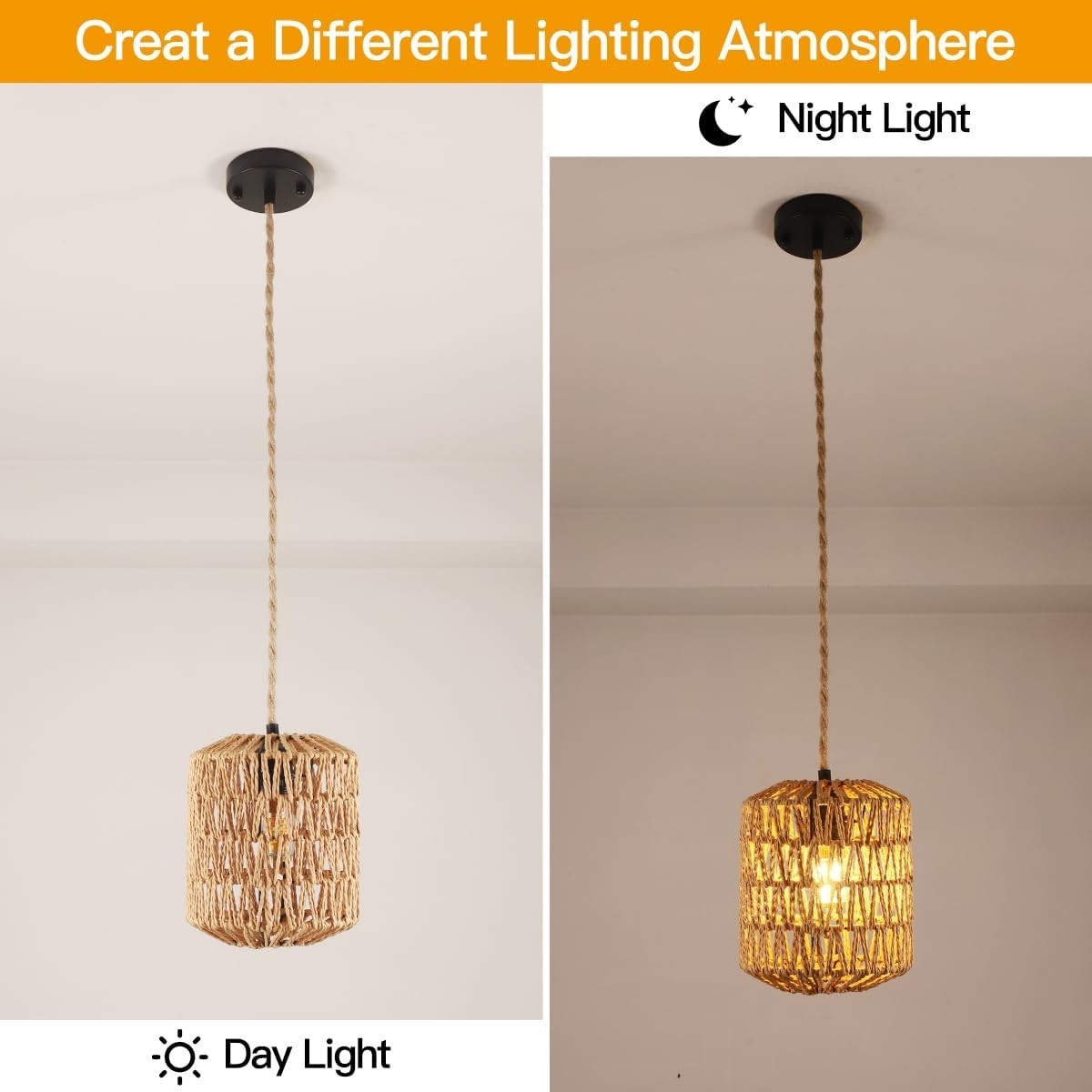 Lampadario Rattan, Lampada a Sospensione Boho con Paralume E27 Lampadari vintage