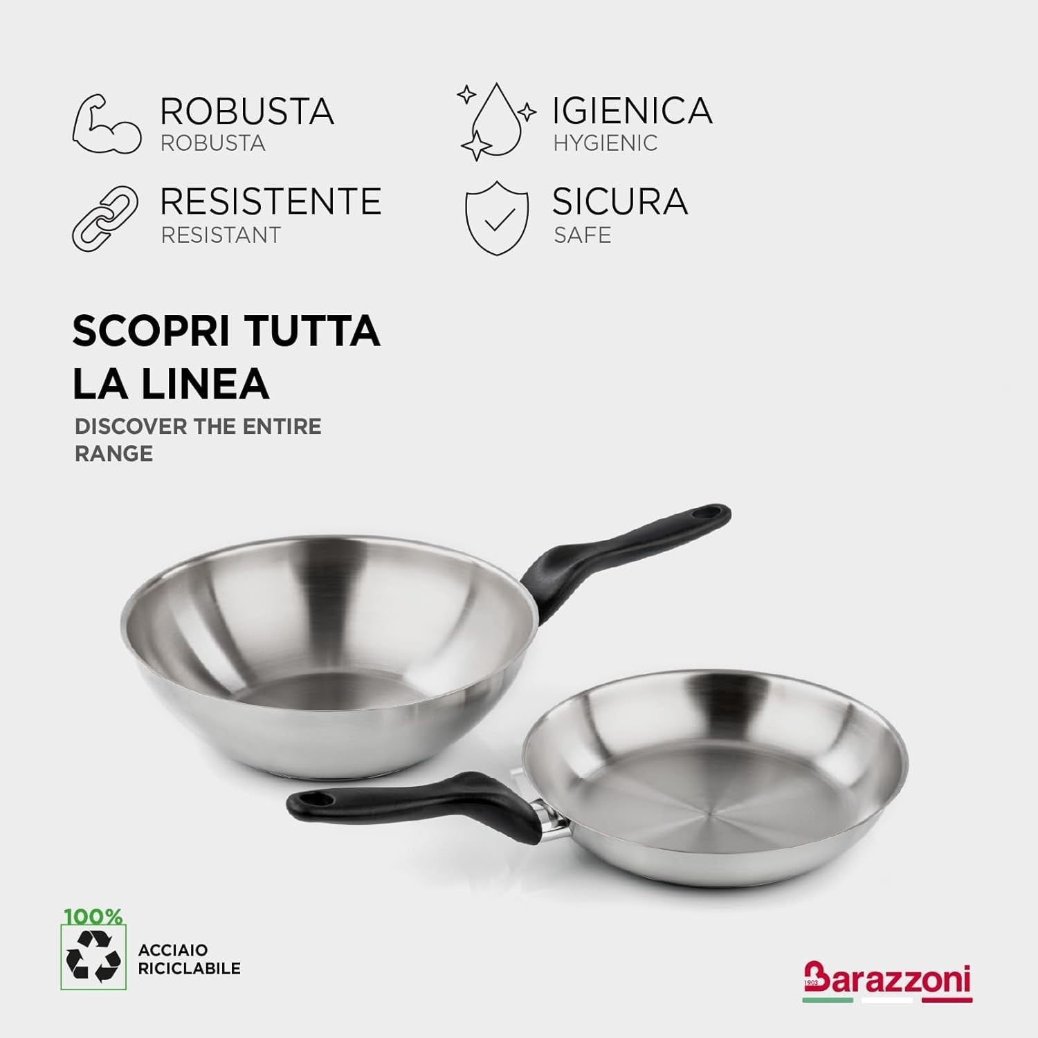 Barazzoni Le Inoxidabili Padella, ø24 cm, Made in Italy, Acciaio Inox 18/10