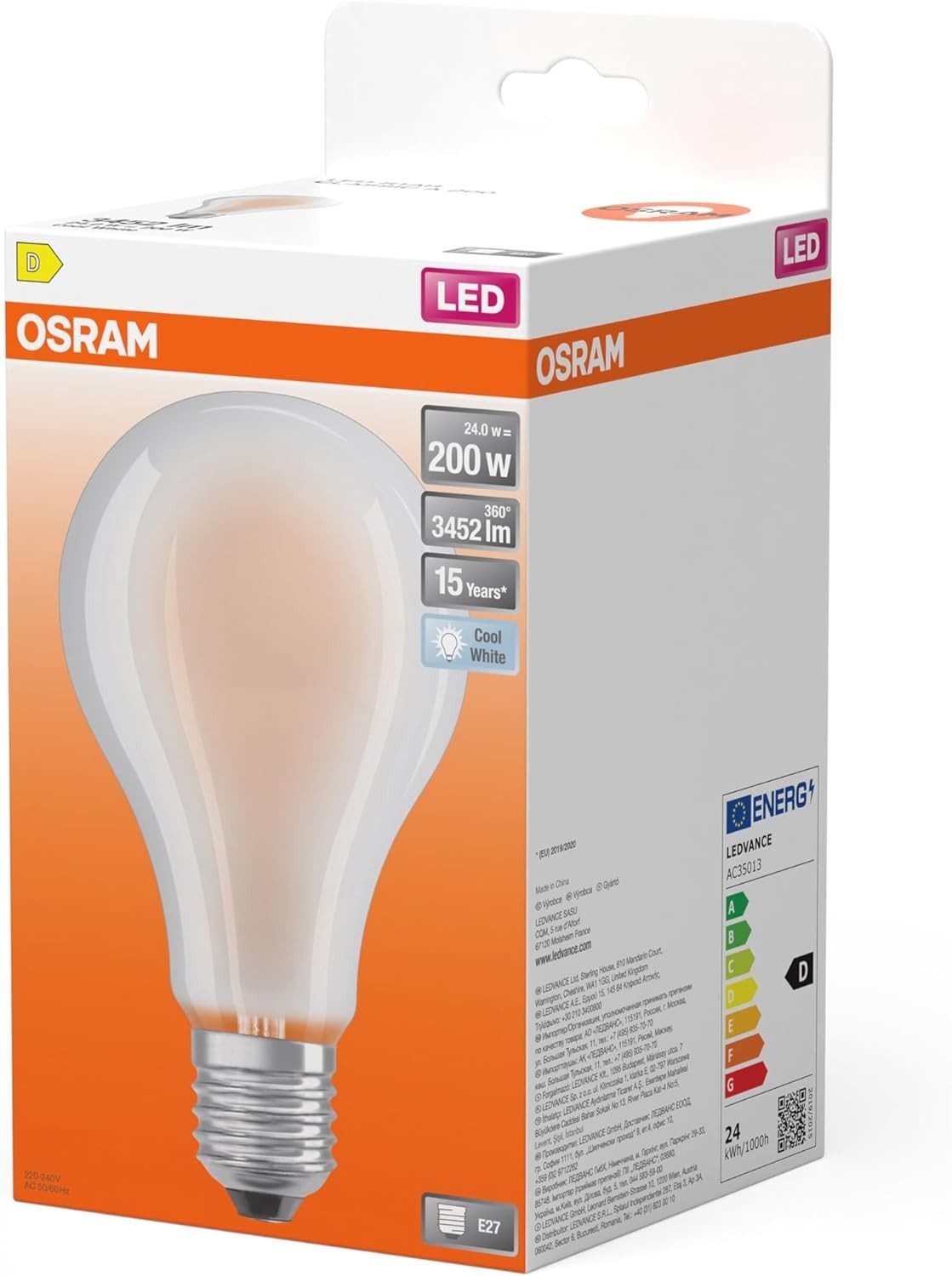 OSRAM Lampada LED, Attacco: E27, Cool White, 4000 K, 24 W, sostituzione per 200W